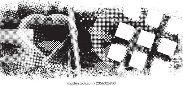 Forma de grano distorsionada de brillo. Logo de ruidos. Formas de error de defecto de moda . Marco brillante. Grunge texturado. Efecto perturbado .Formas vectoras con una textura de impresión de pantalla de puntos de medio tono.