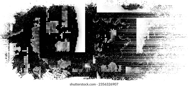 Forma de grano distorsionada de brillo. Logo de ruidos. Formas de error de defecto de moda . Marco brillante. Grunge texturado. Efecto perturbado .Formas vectoras con una textura de impresión de pantalla de puntos de medio tono.