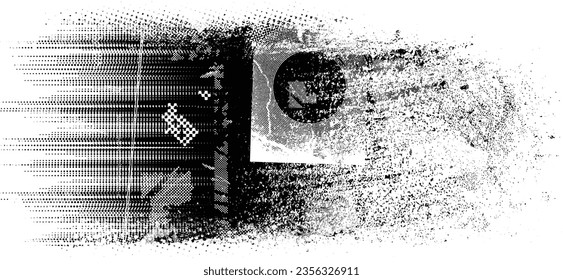 Glitch distorted grange shape . Noise grungy logo . Trendy defect error shapes . Glitched frame .Grunge textured . Distressed effect .Vector shapes with a halftone dots screen print texture.