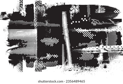 Glitch distorted grange shape . Noise grungy logo . Trendy defect error shapes . Glitched frame .Grunge textured . Distressed effect .Vector shapes with a halftone dots screen print texture.