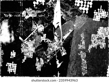 Glitch distorted grange shape . Noise grungy logo . Trendy defect error shapes . Glitched frame .Grunge textured . Distressed effect .Vector shapes with a halftone dots screen print texture.