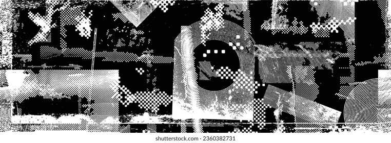Forma de grano distorsionada de brillo. Logo de ruidos. Formas de error de defecto de moda . Marco brillante. Grunge texturado. Efecto perturbado .Formas vectoras con una textura de impresión de pantalla de puntos de medio tono.
