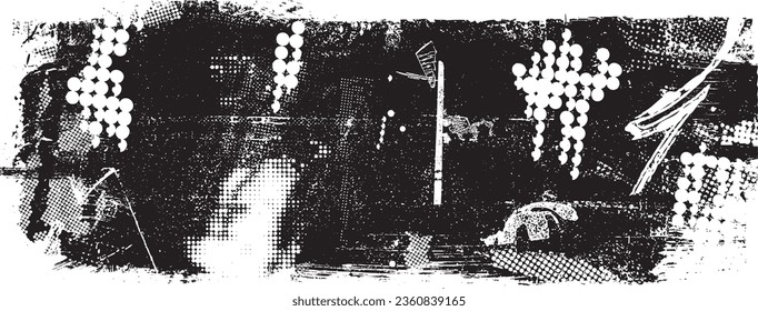 Glitch distorted grange shape . Noise grungy logo . Trendy defect error shapes . Glitched frame .Grunge textured . Distressed effect .Vector shapes with a halftone dots screen print texture.