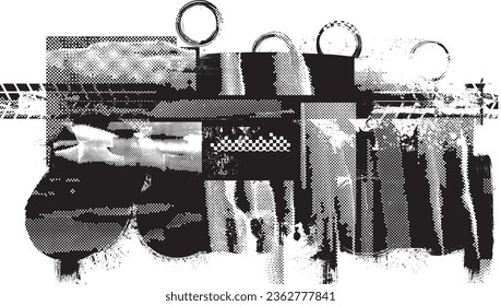 Forma de grano distorsionada de brillo. Logo de ruidos. Formas de error de defecto de moda . Marco brillante. Grunge texturado. Efecto perturbado .Formas vectoras con una textura de impresión de pantalla de puntos de medio tono.