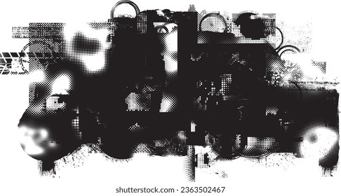 Glitch distorted grange shape . Noise grungy logo . Trendy defect error shapes . Glitched frame .Grunge textured . Distressed effect .Vector shapes with a halftone dots screen print texture.