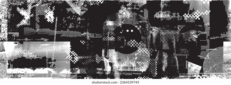 Glitch distorted grange shape . Noise grungy logo . Trendy defect error shapes . Glitched frame .Grunge textured . Distressed effect .Vector shapes with a halftone dots screen print texture.