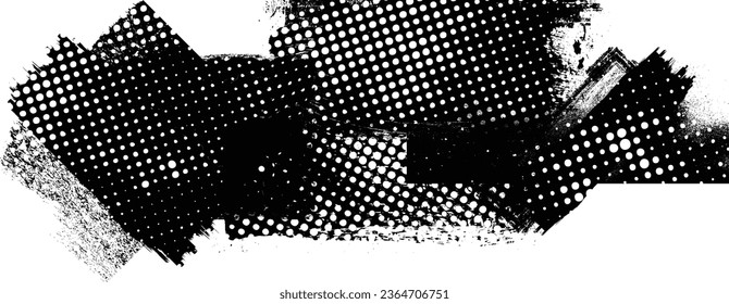 Glitch distorted grange shape . Noise grungy logo . Trendy defect error shapes . Glitched frame .Grunge textured . Distressed effect .Vector shapes with a halftone dots screen print texture.