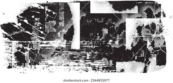 Glitch distorted grange shape . Noise grungy logo . Trendy defect error shapes . Glitched frame .Grunge textured . Distressed effect .Vector shapes with a halftone dots screen print texture.