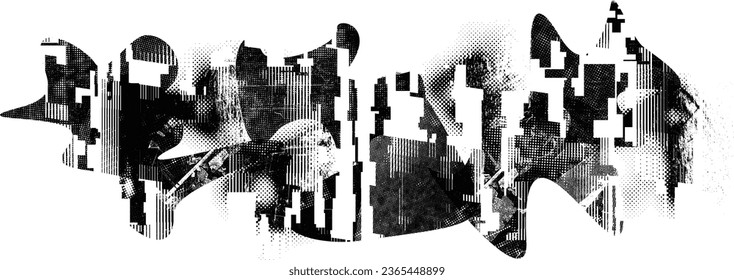 Glitch distorted grange shape . Noise grungy logo . Trendy defect error shapes . Glitched frame .Grunge textured . Distressed effect .Vector shapes with a halftone dots screen print texture.