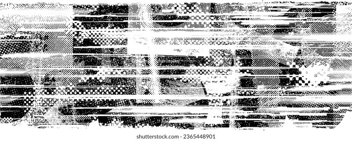 Glitch distorted grange shape . Noise grungy logo . Trendy defect error shapes . Glitched frame .Grunge textured . Distressed effect .Vector shapes with a halftone dots screen print texture.