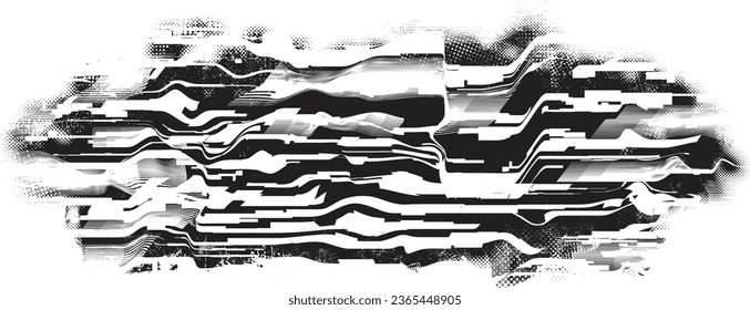 Forma de grano distorsionada de brillo. Logo de ruidos. Formas de error de defecto de moda . Marco brillante. Grunge texturado. Efecto perturbado .Formas vectoras con una textura de impresión de pantalla de puntos de medio tono.