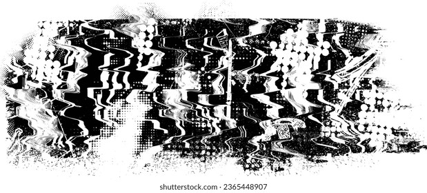 Glitch distorted grange shape . Noise grungy logo . Trendy defect error shapes . Glitched frame .Grunge textured . Distressed effect .Vector shapes with a halftone dots screen print texture.