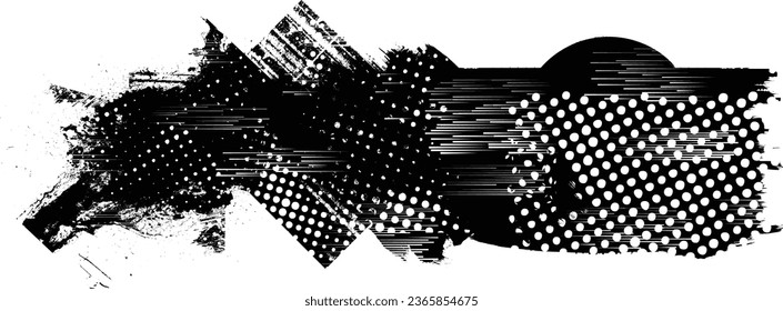 Glitch distorted grange shape . Noise grungy logo . Trendy defect error shapes . Glitched frame .Grunge textured . Distressed effect .Vector shapes with a halftone dots screen print texture.