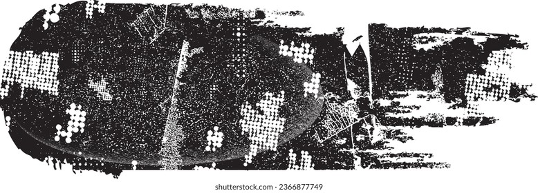 Glitch distorted grange shape . Noise grungy logo . Trendy defect error shapes . Glitched frame .Grunge textured . Distressed effect .Vector shapes with a halftone dots screen print texture.