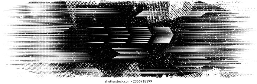 Glitch distorted grange shape . Noise grungy logo . Trendy defect error shapes . Glitched frame .Grunge textured . Distressed effect .Vector shapes with a halftone dots screen print texture.