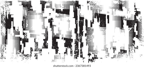 Glitch distorted grange shape . Noise grungy logo . Trendy defect error shapes . Glitched frame .Grunge textured . Distressed effect .Vector shapes with a halftone dots screen print texture.