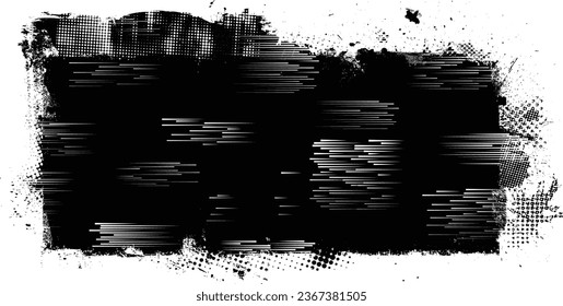 Glitch distorted grange shape . Noise grungy logo . Trendy defect error shapes . Glitched frame .Grunge textured . Distressed effect .Vector shapes with a halftone dots screen print texture.