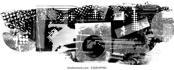 Forma de grano distorsionada de brillo. Logo de ruidos. Formas de error de defecto de moda . Marco brillante. Grunge texturado. Efecto perturbado .Formas vectoras con una textura de impresión de pantalla de puntos de medio tono.