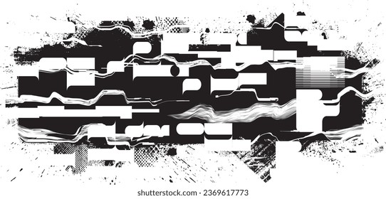 Forma de grano distorsionada de brillo. Logo de ruidos. Formas de error de defecto de moda . Marco brillante. Grunge texturado. Efecto perturbado .Formas vectoras con una textura de impresión de pantalla de puntos de medio tono.