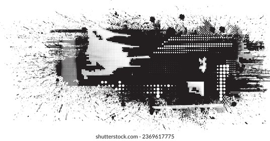 Glitch distorted grange shape . Noise grungy logo . Trendy defect error shapes . Glitched frame .Grunge textured . Distressed effect .Vector shapes with a halftone dots screen print texture.