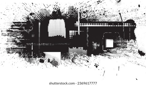 Glitch distorted grange shape . Noise grungy logo . Trendy defect error shapes . Glitched frame .Grunge textured . Distressed effect .Vector shapes with a halftone dots screen print texture.