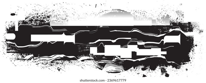 Glitch distorted grange shape . Noise grungy logo . Trendy defect error shapes . Glitched frame .Grunge textured . Distressed effect .Vector shapes with a halftone dots screen print texture.