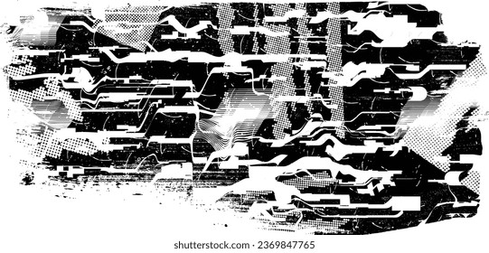 Glitch distorted grange shape . Noise grungy logo . Trendy defect error shapes . Glitched frame .Grunge textured . Distressed effect .Vector shapes with a halftone dots screen print texture.