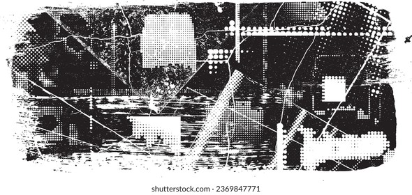 Glitch distorted grange shape . Noise grungy logo . Trendy defect error shapes . Glitched frame .Grunge textured . Distressed effect .Vector shapes with a halftone dots screen print texture.