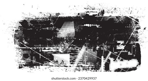 Glitch distorted grange shape . Noise grungy logo . Trendy defect error shapes . Glitched frame .Grunge textured . Distressed effect .Vector shapes with a halftone dots screen print texture.