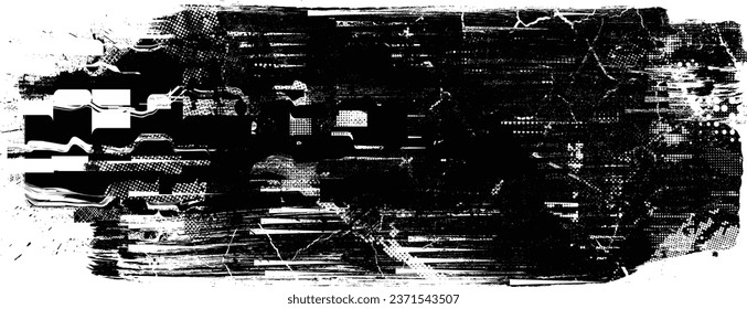 Glitch distorted grange shape . Noise grungy logo . Trendy defect error shapes . Glitched frame .Grunge textured . Distressed effect .Vector shapes with a halftone dots screen print texture.
