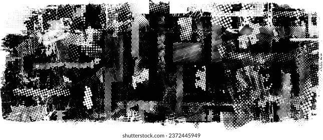 Glitch distorted grange shape . Noise grungy logo . Trendy defect error shapes . Glitched frame .Grunge textured . Distressed effect .Vector shapes with a halftone dots screen print texture.