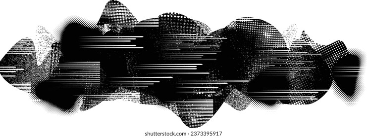 Glitch distorted grange shape . Noise grungy logo . Trendy defect error shapes . Glitched frame .Grunge textured . Distressed effect .Vector shapes with a halftone dots screen print texture.