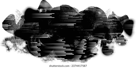 Forma de grano distorsionada de brillo. Logo de ruidos. Formas de error de defecto de moda . Marco brillante. Grunge texturado. Efecto perturbado .Formas vectoras con una textura de impresión de pantalla de puntos de medio tono.