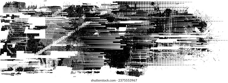 Glitch distorted grange shape . Noise grungy logo . Trendy defect error shapes . Glitched frame .Grunge textured . Distressed effect .Vector shapes with a halftone dots screen print texture.