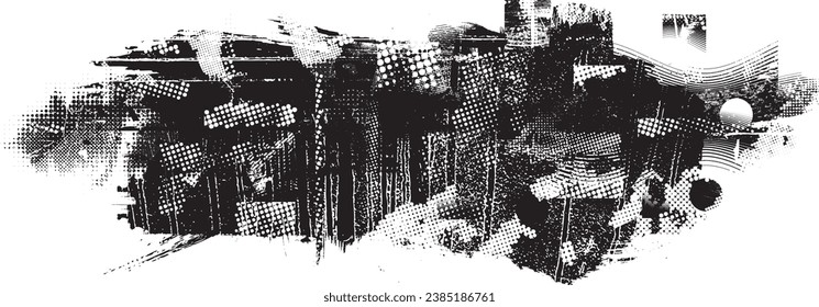 Forma de grano distorsionada de brillo. Logo de ruidos. Formas de error de defecto de moda . Marco brillante. Grunge texturado. Efecto perturbado .Formas vectoras con una textura de impresión de pantalla de puntos de medio tono.