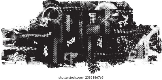 Glitch distorted grange shape . Noise grungy logo . Trendy defect error shapes . Glitched frame .Grunge textured . Distressed effect .Vector shapes with a halftone dots screen print texture.
