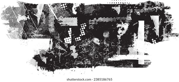 Glitch distorted grange shape . Noise grungy logo . Trendy defect error shapes . Glitched frame .Grunge textured . Distressed effect .Vector shapes with a halftone dots screen print texture.