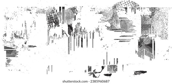Forma de grano distorsionada de brillo. Logo de ruidos. Formas de error de defecto de moda . Marco brillante. Grunge texturado. Efecto perturbado .Formas vectoras con una textura de impresión de pantalla de puntos de medio tono.