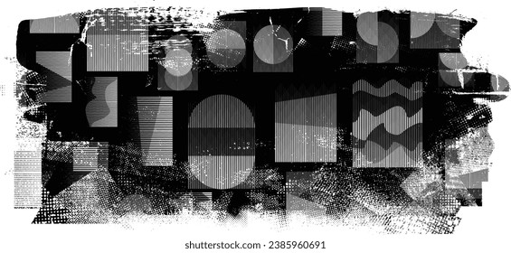 Glitch distorted grange shape . Noise grungy logo . Trendy defect error shapes . Glitched frame .Grunge textured . Distressed effect .Vector shapes with a halftone dots screen print texture.