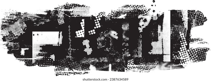 Glitch distorted grange shape . Noise grungy logo . Trendy defect error shapes . Glitched frame .Grunge textured . Distressed effect .Vector shapes with a halftone dots screen print texture.