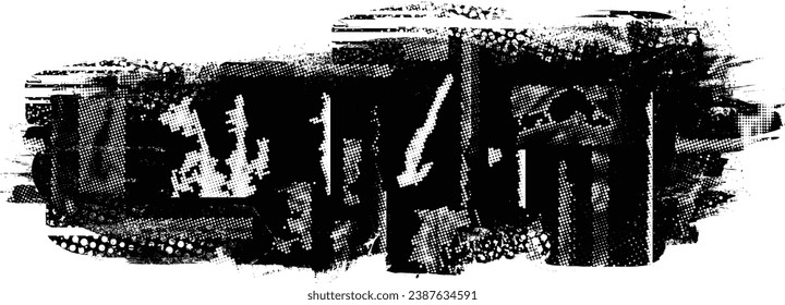 Glitch distorted grange shape . Noise grungy logo . Trendy defect error shapes . Glitched frame .Grunge textured . Distressed effect .Vector shapes with a halftone dots screen print texture.