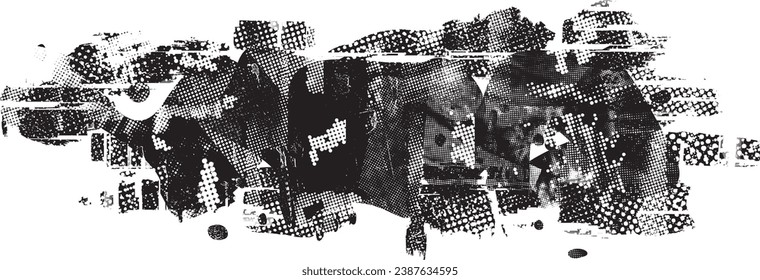 Glitch distorted grange shape . Noise grungy logo . Trendy defect error shapes . Glitched frame .Grunge textured . Distressed effect .Vector shapes with a halftone dots screen print texture.