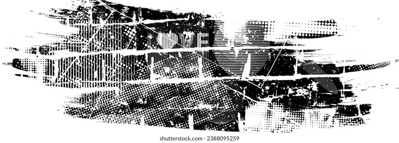 Glitch distorted grange shape . Noise grungy logo . Trendy defect error shapes . Glitched frame .Grunge textured . Distressed effect .Vector shapes with a halftone dots screen print texture.