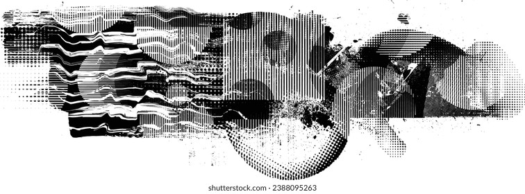 Glitch distorted grange shape . Noise grungy logo . Trendy defect error shapes . Glitched frame .Grunge textured . Distressed effect .Vector shapes with a halftone dots screen print texture.