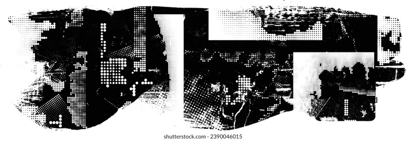 Glitch distorted grange shape . Noise grungy logo . Trendy defect error shapes . Glitched frame .Grunge textured . Distressed effect .Vector shapes with a halftone dots screen print texture.
