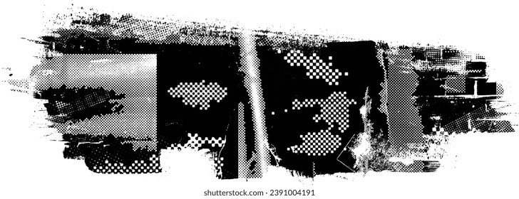 Glitch distorted grange shape . Noise grungy logo . Trendy defect error shapes . Glitched frame .Grunge textured . Distressed effect .Vector shapes with a halftone dots screen print texture.