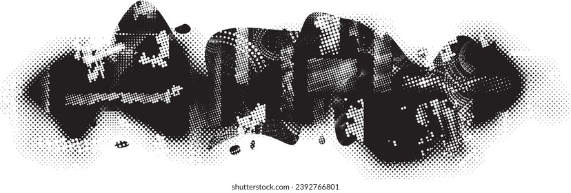 Glitch distorted grange shape . Noise grungy logo . Trendy defect error shapes . Glitched frame .Grunge textured . Distressed effect .Vector shapes with a halftone dots screen print texture.