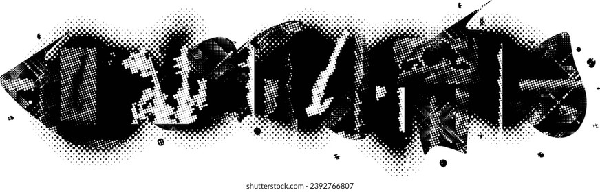 Glitch distorted grange shape . Noise grungy logo . Trendy defect error shapes . Glitched frame .Grunge textured . Distressed effect .Vector shapes with a halftone dots screen print texture.