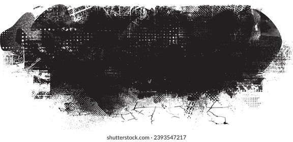 Glitch distorted grange shape . Noise grungy logo . Trendy defect error shapes . Glitched frame .Grunge textured . Distressed effect .Vector shapes with a halftone dots screen print texture.