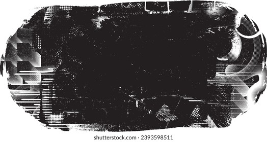 Glitch distorted grange shape . Noise grungy logo . Trendy defect error shapes . Glitched frame .Grunge textured . Distressed effect .Vector shapes with a halftone dots screen print texture.